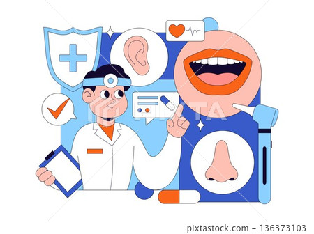 Otorhinolaryngologist Vector Illustration in a Healthcare Environment Related to Medical Conditions of the Ear Nose and Throat on a Flat Background Otorhinolaryngologist Vector Illustration in a Healthcare Environment Related to Medical Conditions of the Ear Nose and Throat on a Flat Background 136373103