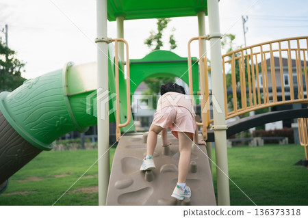 Child Climbing Play Structure on Outdoor Playground in Bright Scenic Park Environment with Green Grass and Play Equipment 136373318