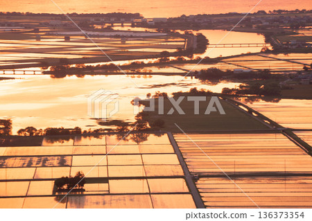 An evening view of flooded rice paddies glowing orange before planting, seen from Mt. Inoko in Inoko-cho, Higashiomi City, Shiga Prefecture An evening view of flooded rice paddies glowing orange before planting, seen from Mt. Inoko in Inoko-cho, Higashiomi City, Shiga Prefecture 136373354