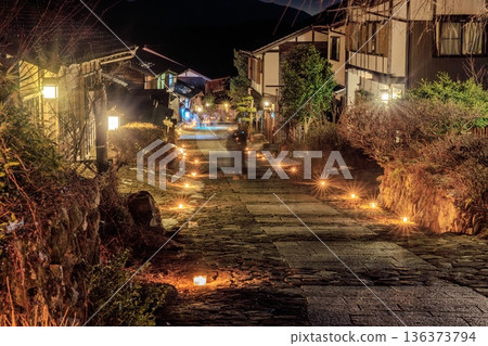 Fantastic ice candles illuminating Magome-juku at night and the old townscape Fantastic ice candles illuminating Magome-juku at night and the old townscape 136373794