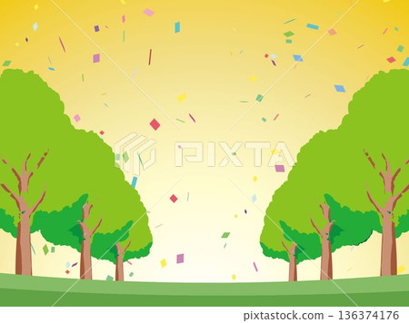 樹、自然、秋天、風景、背景、插畫、樹木、植物、黃色、森林、樹葉 136374176