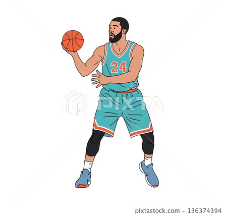 Dynamic Flat Vector Illustration of an Athletic Male Basketball Player Making a Swift Pass 136374394
