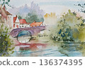 Small french village watercolor painting landscape painting 136374395