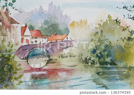 小法國鄉村水彩畫山水畫 136374395