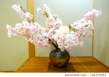Tatami room with cherry blossoms Tatami room with cherry blossoms 136374401