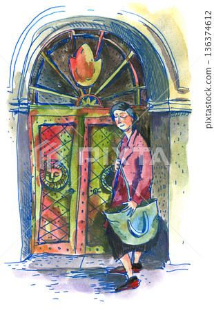 Woman Standing By Ornate Doorway Woman Standing By Ornate Doorway 136374612