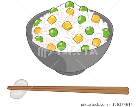 Illustration of rice cooked with green peas and corn (with chopsticks and chopstick rests added) 136374614