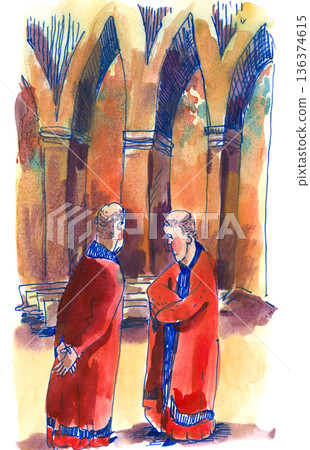 Two Clergymen In Red Robes Talking Two Clergymen In Red Robes Talking 136374615