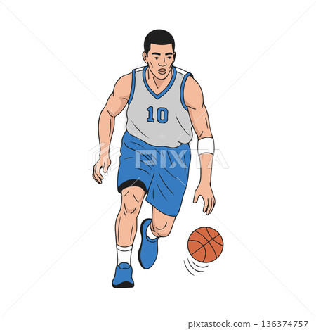 Male Basketball Player Dribbling the Ball and Driving Forward, Flat Vector Illustration Isolated on Black Background 136374757