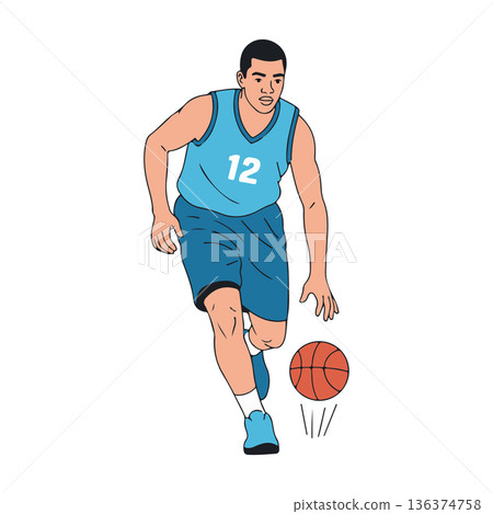 Male Basketball Player Dribbling the Ball and Driving Forward, Flat Vector Illustration Isolated on Black Background 136374758