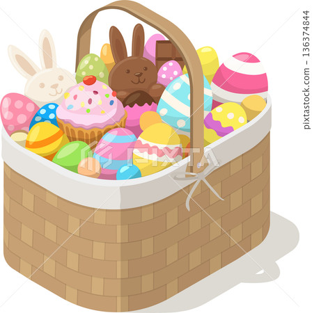 Easter basket with candy, chocolate bunnies and colorful eggs 136374844