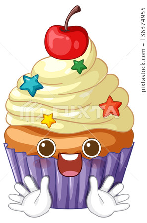 Cute Cartoon Cupcake Character with Frosting and Cherry Topping 136374955