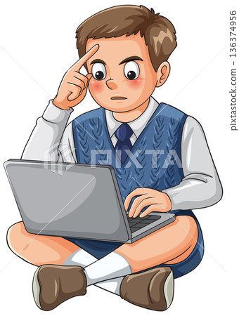 Confused Schoolboy Sitting Cross-Legged Using Laptop Computer 136374956