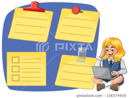 School Girl Using Laptop Next to Large Yellow Sticky Note Reminders 136374958