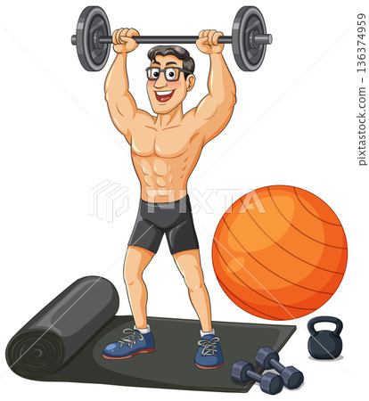 Muscular Man Lifting Barbell with Gym Equipment Vector Illustration Muscular Man Lifting Barbell with Gym Equipment Vector Illustration 136374959