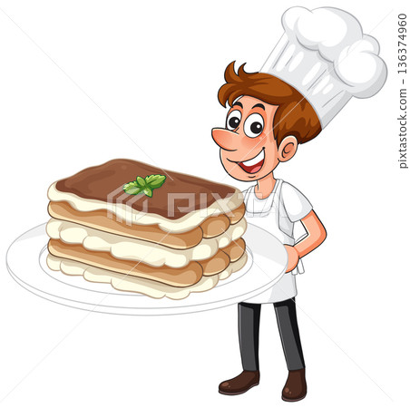 Smiling Cartoon Pastry Chef Holding a Large Plate of Tiramisu Smiling Cartoon Pastry Chef Holding a Large Plate of Tiramisu 136374960