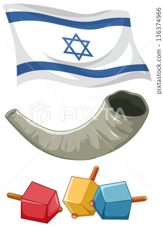 Jewish Cultural Symbols Including Israel Flag Shofar and Colorful Dreidels Jewish Cultural Symbols Including Israel Flag Shofar and Colorful Dreidels 136374966