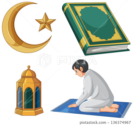 Islamic Religious Symbols and Muslim Man Praying Vector Illustration Set Islamic Religious Symbols and Muslim Man Praying Vector Illustration Set 136374967