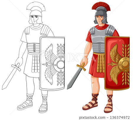 Ancient Roman Soldier Vector Illustration with Line Art and Colored Version 136374972