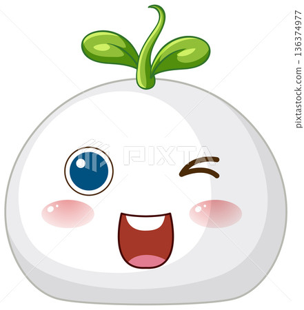 Cute White Cartoon Character With Green Sprout Winking and Smiling 136374977