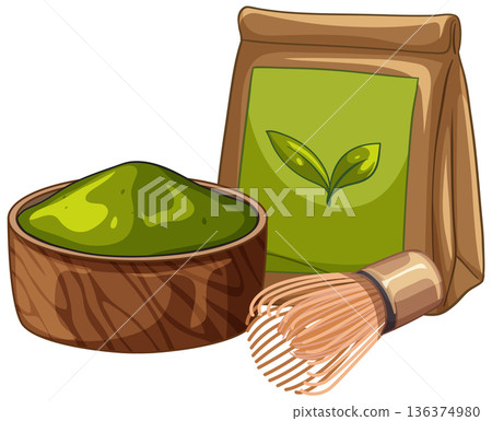 Matcha Green Tea Powder in Wooden Bowl with Bamboo Whisk and Bag Matcha Green Tea Powder in Wooden Bowl with Bamboo Whisk and Bag 136374980