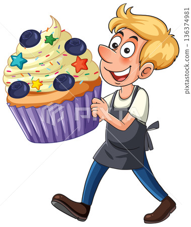 Cartoon Baker Carrying a Giant Blueberry Cupcake with Sprinkles and Stars Cartoon Baker Carrying a Giant Blueberry Cupcake with Sprinkles and Stars 136374981