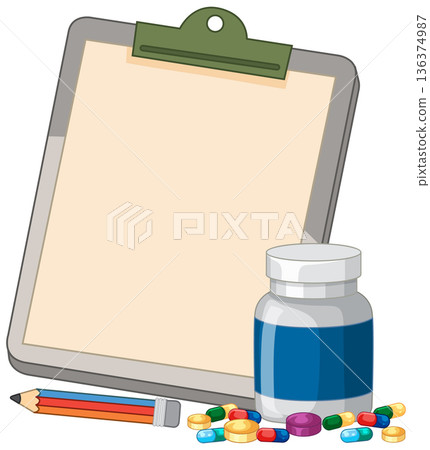 Medical Clipboard with Prescription Bottle Pills and Pencil Vector Illustration Medical Clipboard with Prescription Bottle Pills and Pencil Vector Illustration 136374987