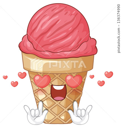 Cute Pink Ice Cream Cone Character with Heart Eyes and Rock On Hands Cute Pink Ice Cream Cone Character with Heart Eyes and Rock On Hands 136374990