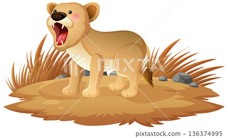 Cartoon Lion Cub Roaring on Grassy Patch Cartoon Lion Cub Roaring on Grassy Patch 136374995