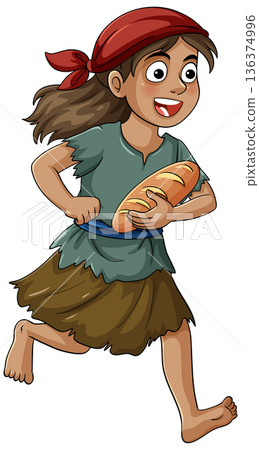 Young Girl Running With Stolen Bread Cartoon Illustration 136374996