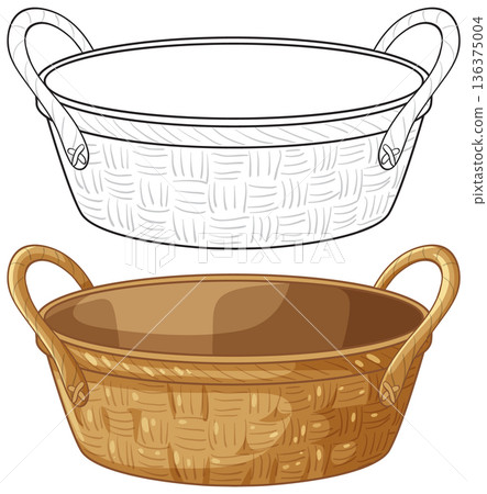 Woven Wicker Basket Vector Illustration in Color and Line Art 136375004