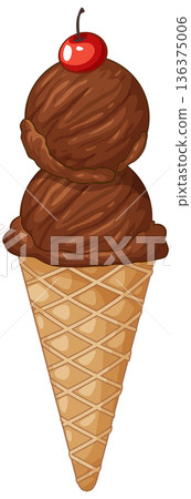 Double Scoop Chocolate Ice Cream Cone with a Red Cherry 136375006