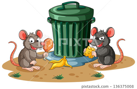 Two Cartoon Rats Eating Near Trash Can Outdoors 136375008