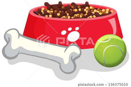 Red Dog Food Bowl with Bone and Tennis Ball Illustration 136375010