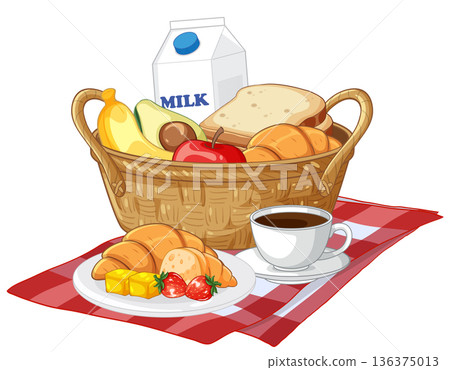 Wicker Picnic Basket Filled with Fresh Fruit Bread and Milk Wicker Picnic Basket Filled with Fresh Fruit Bread and Milk 136375013
