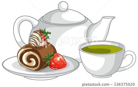 Chocolate Swiss Roll Cake with Fresh Strawberries and Green Tea Set 136375020