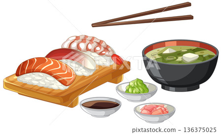 Japanese Sushi Set with Miso Soup and Traditional Condiments Japanese Sushi Set with Miso Soup and Traditional Condiments 136375025
