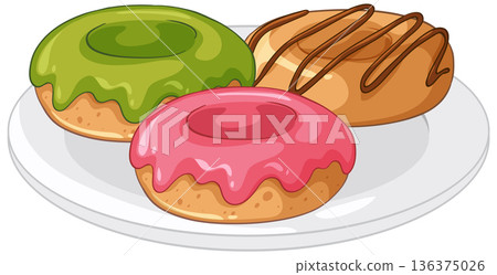 Three Glazed Donuts with Different Toppings on a White Plate Three Glazed Donuts with Different Toppings on a White Plate 136375026
