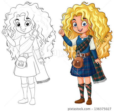 Curly-Haired Girl in Tartan Dress Pointing Upward 136375027