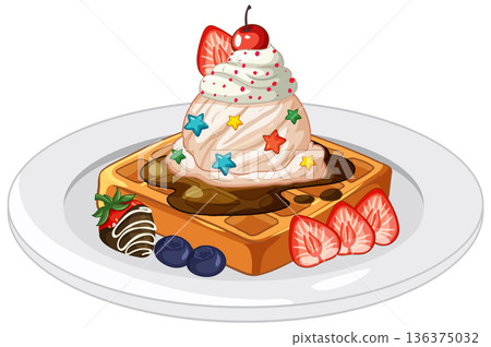 Belgian Waffle with Ice Cream Chocolate Sauce and Fresh Berries Belgian Waffle with Ice Cream Chocolate Sauce and Fresh Berries 136375032