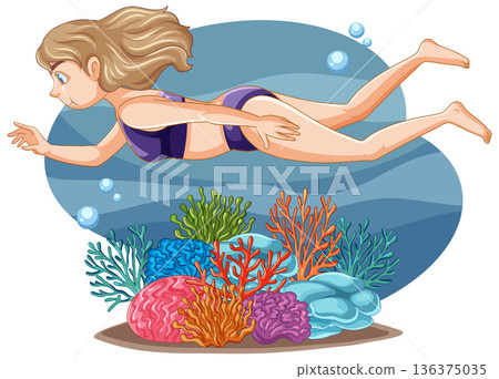 Cartoon Illustration of a Young Woman Swimming Over a Coral Reef 136375035