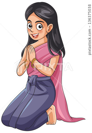 Smiling Woman Kneeling in Traditional Clothing with Greeting Gesture Smiling Woman Kneeling in Traditional Clothing with Greeting Gesture 136375038