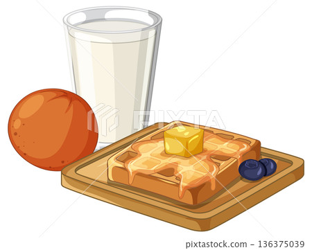 Breakfast Vector Illustration with Waffle Glass of Milk and Orange Breakfast Vector Illustration with Waffle Glass of Milk and Orange 136375039