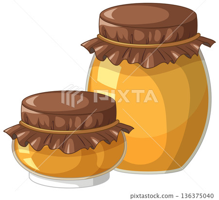 Two Glass Jars Filled with Golden Honey and Brown Lids 136375040