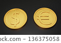 Golden dollar and euro coins lined up on a black background 3D illustration 136375058