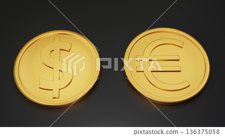 金色美元和歐元硬幣排列在黑色背景上,3D 插圖 金色美元和歐元硬幣排列在黑色背景上,3D 插圖 136375058