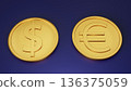 Dollar and euro gold coin currency pair on a dark blue background 136375059