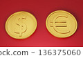 Dollar and euro coins lined up on a red background Economic indicator image 136375060