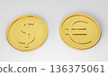 Dollar and euro gold coins arranged on a white background 136375061