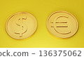 Dollar and euro gold coins on a yellow background Asset management 136375062